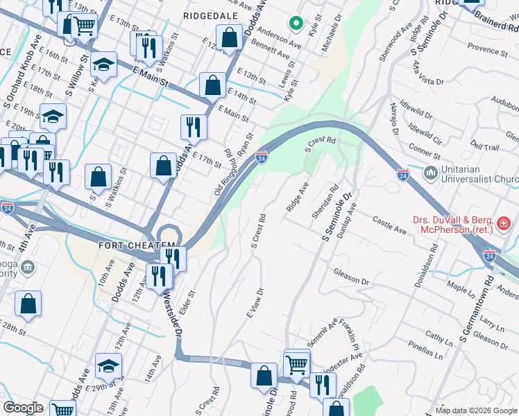 map of restaurants, bars, coffee shops, grocery stores, and more near 209 South Crest Road in Chattanooga