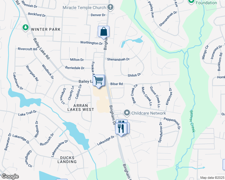 map of restaurants, bars, coffee shops, grocery stores, and more near 1841 Balmoral Drive in Fayetteville