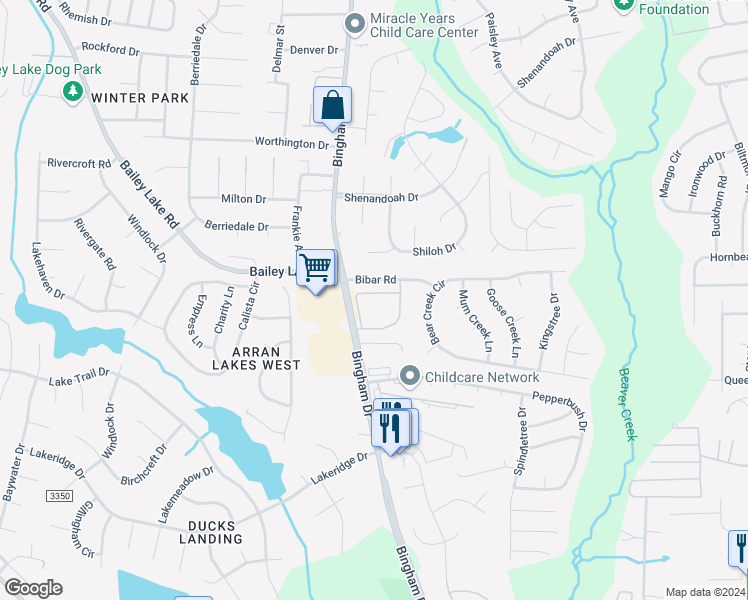 map of restaurants, bars, coffee shops, grocery stores, and more near 1821 Balmoral Drive in Fayetteville