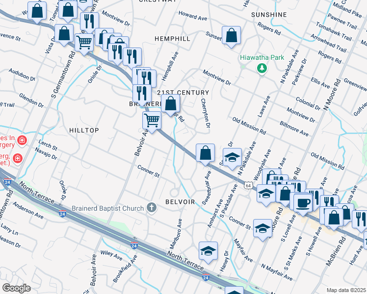 map of restaurants, bars, coffee shops, grocery stores, and more near 10 North Tuxedo Avenue in Chattanooga