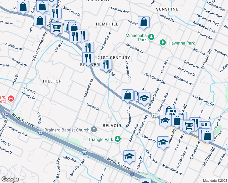 map of restaurants, bars, coffee shops, grocery stores, and more near 10 North Tuxedo Avenue in Chattanooga