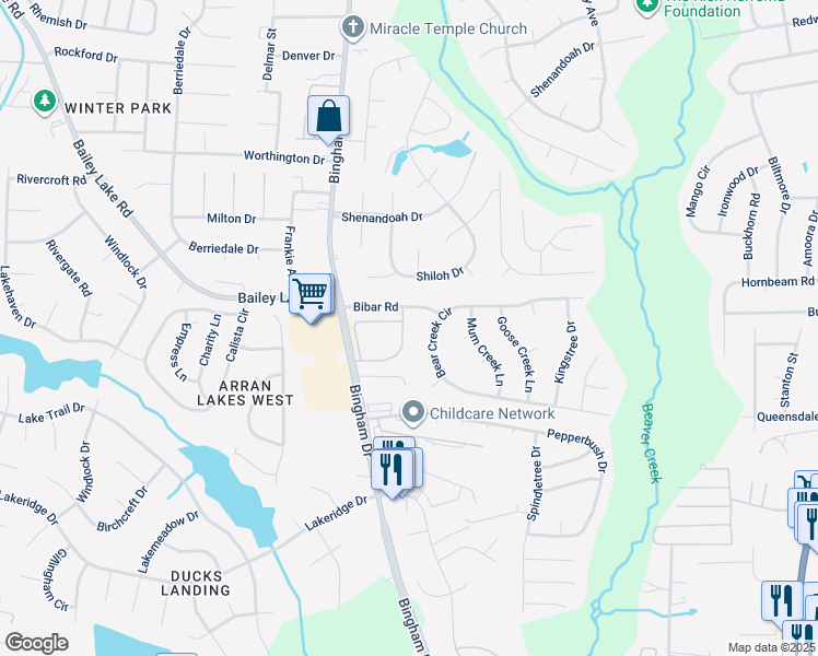 map of restaurants, bars, coffee shops, grocery stores, and more near 1800 Balmoral Drive in Fayetteville