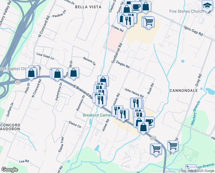 map of restaurants, bars, coffee shops, grocery stores, and more near 1515 Gunbarrel Road in Chattanooga