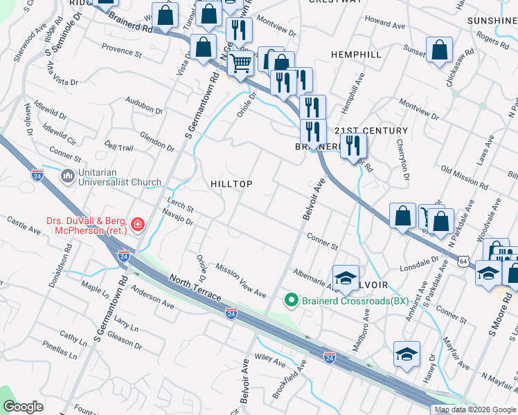 map of restaurants, bars, coffee shops, grocery stores, and more near 161 Gardner Street in Chattanooga