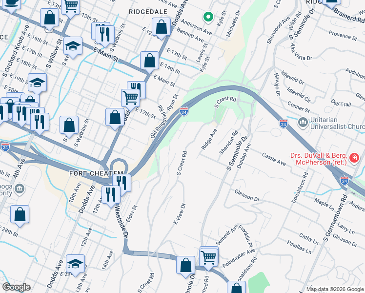 map of restaurants, bars, coffee shops, grocery stores, and more near 209 South Crest Road in Chattanooga