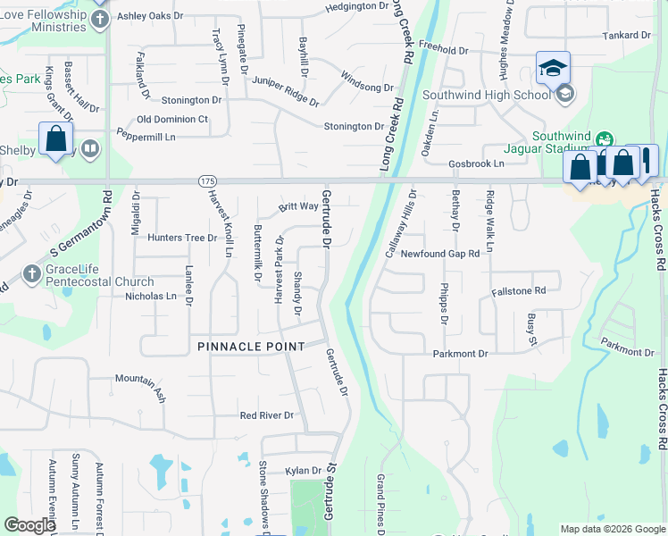 map of restaurants, bars, coffee shops, grocery stores, and more near 7555 Bevy Ridge Cove in Memphis