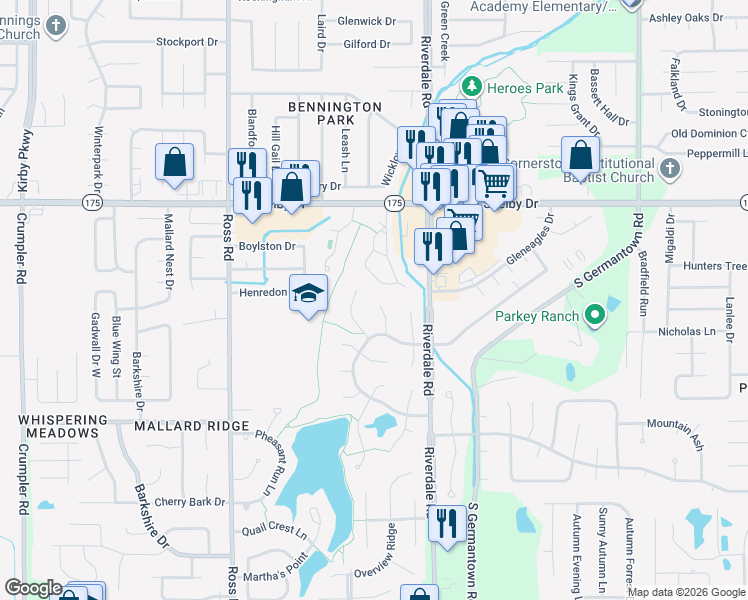 map of restaurants, bars, coffee shops, grocery stores, and more near 4783 Lynngate Drive in Memphis