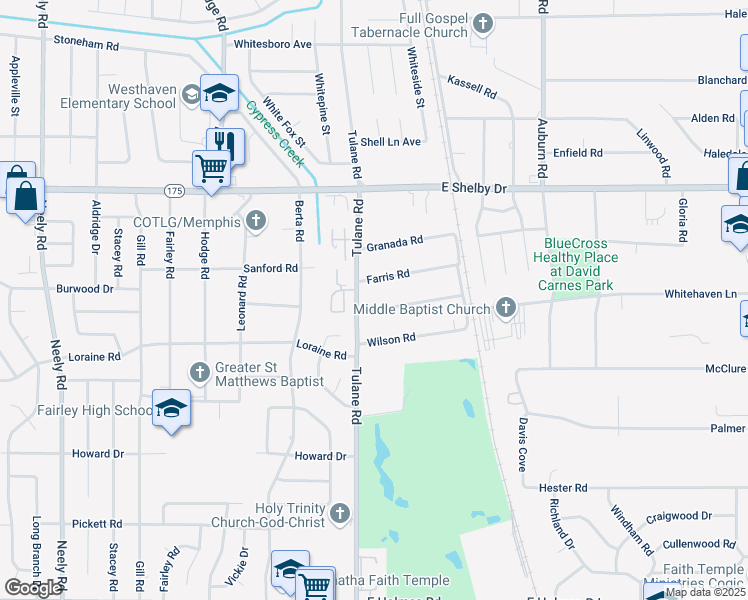 map of restaurants, bars, coffee shops, grocery stores, and more near 661 Farris Road in Memphis