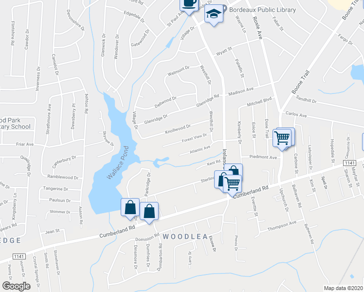 map of restaurants, bars, coffee shops, grocery stores, and more near 4313 Forestview Drive in Fayetteville