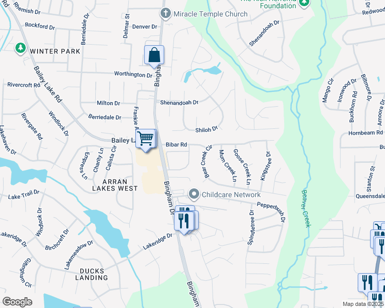 map of restaurants, bars, coffee shops, grocery stores, and more near 1800 Balmoral Drive in Fayetteville
