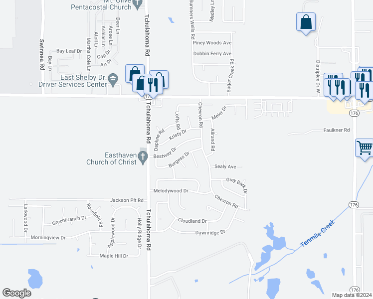 map of restaurants, bars, coffee shops, grocery stores, and more near 3380 Burgess Drive in Memphis