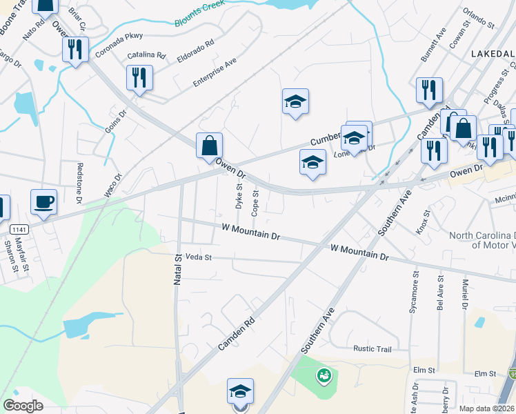 map of restaurants, bars, coffee shops, grocery stores, and more near 2430 Owen Dr in Fayetteville