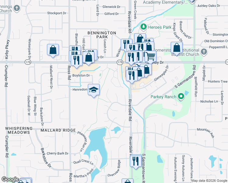 map of restaurants, bars, coffee shops, grocery stores, and more near 4783 Lynngate Drive in Memphis