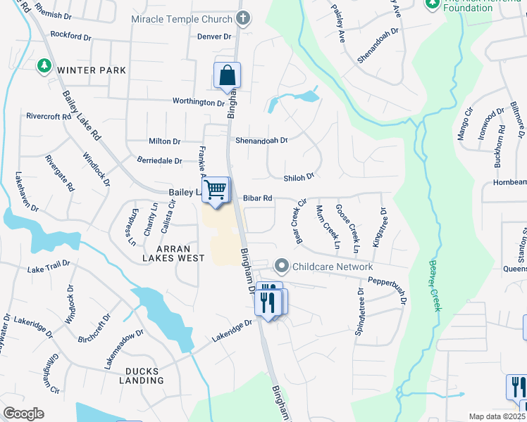 map of restaurants, bars, coffee shops, grocery stores, and more near 1811 Balmoral Drive in Fayetteville