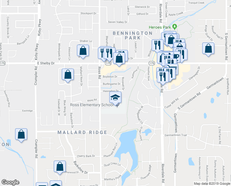 map of restaurants, bars, coffee shops, grocery stores, and more near 6765 Henredon Drive in Memphis