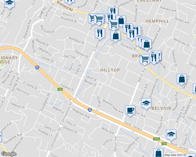 map of restaurants, bars, coffee shops, grocery stores, and more near 3623 Lerch Avenue in Chattanooga