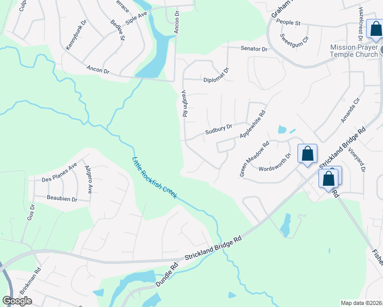map of restaurants, bars, coffee shops, grocery stores, and more near 6723 Vaughn Road in Fayetteville