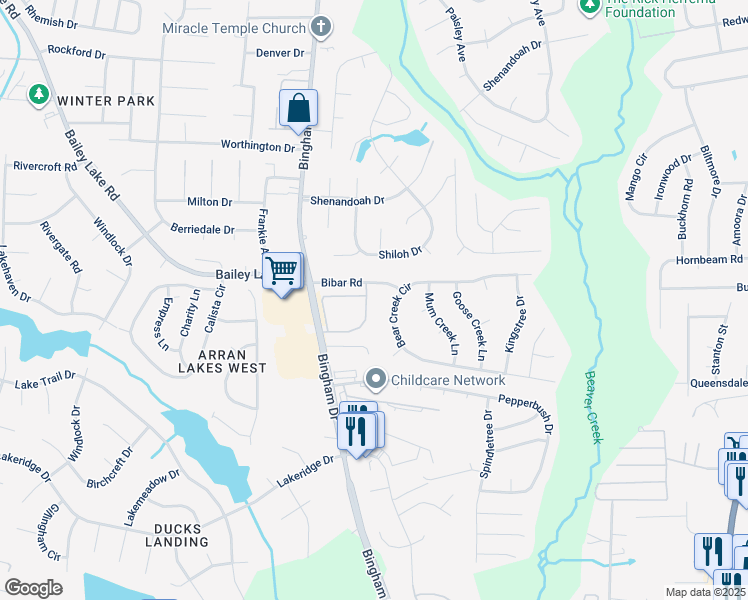 map of restaurants, bars, coffee shops, grocery stores, and more near 1760 Renwick Drive in Fayetteville