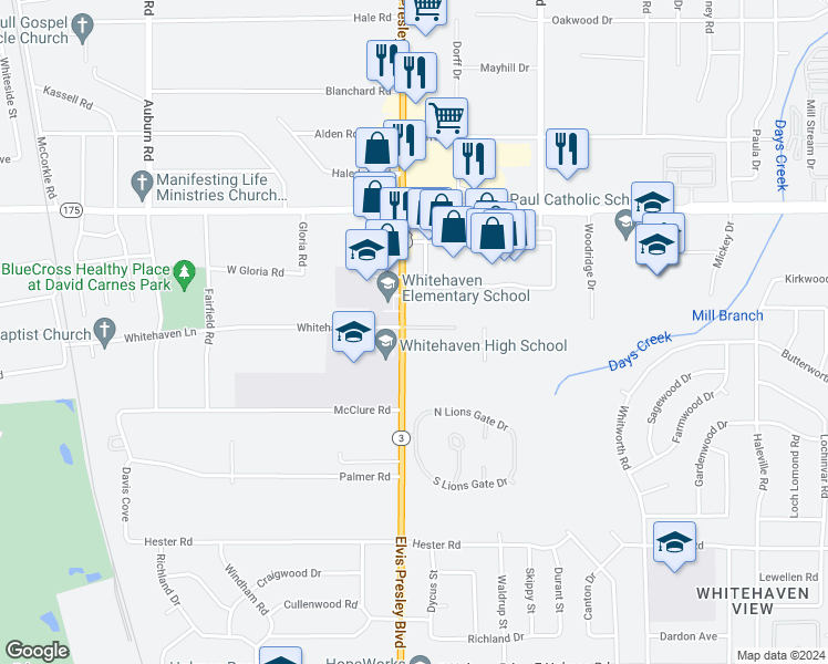 map of restaurants, bars, coffee shops, grocery stores, and more near 1158 Meadowlark Lane in Memphis