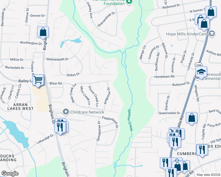 map of restaurants, bars, coffee shops, grocery stores, and more near 5515 Bear Creek Cir in Fayetteville