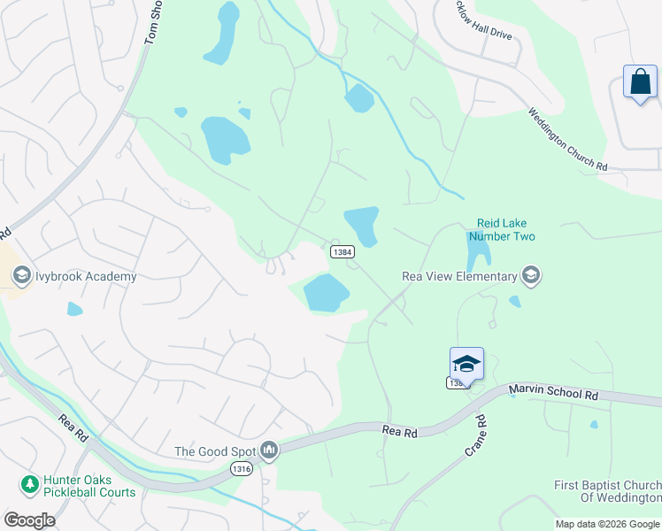 map of restaurants, bars, coffee shops, grocery stores, and more near 453 Landsbury Drive in Waxhaw