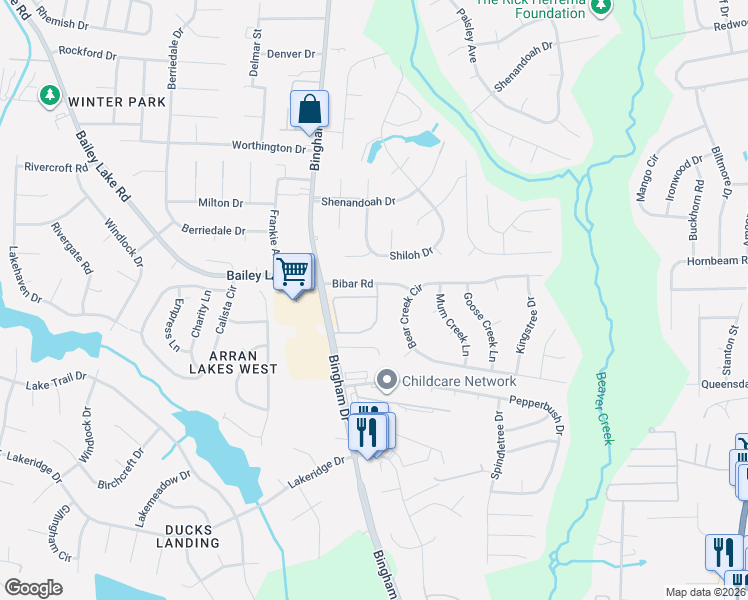 map of restaurants, bars, coffee shops, grocery stores, and more near 1800 Balmoral Drive in Fayetteville
