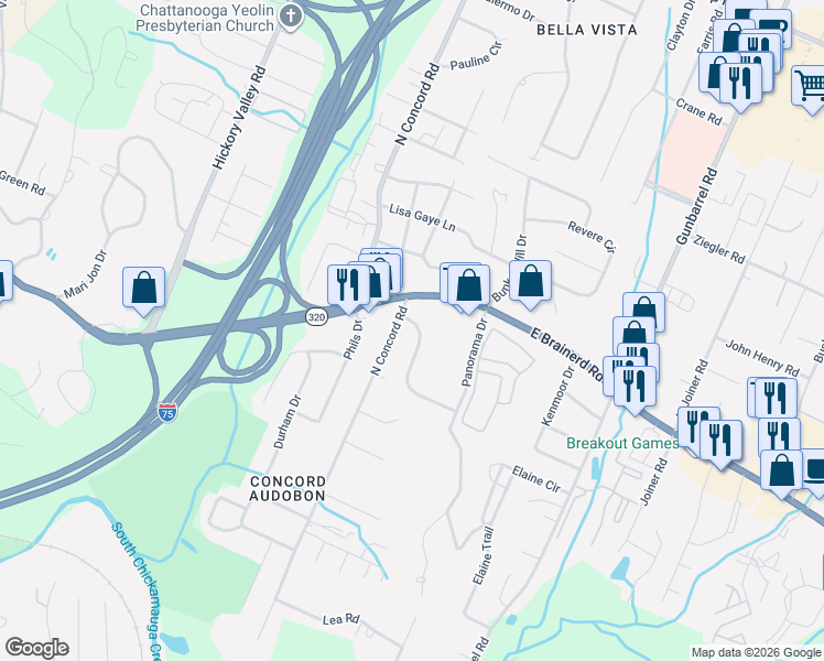 map of restaurants, bars, coffee shops, grocery stores, and more near 7110 East Brainerd Road in Chattanooga