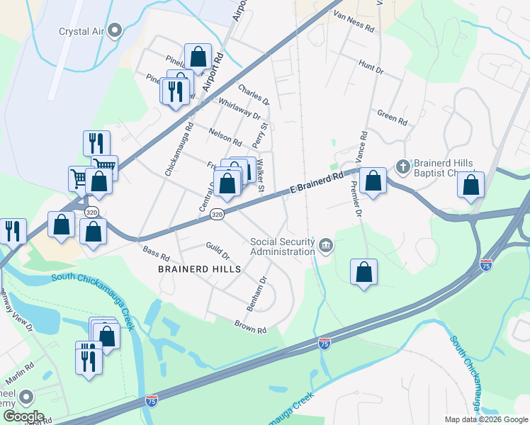 map of restaurants, bars, coffee shops, grocery stores, and more near 6488 East Brainerd Road in Chattanooga