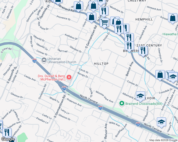 map of restaurants, bars, coffee shops, grocery stores, and more near 3618 Conner Street in Chattanooga