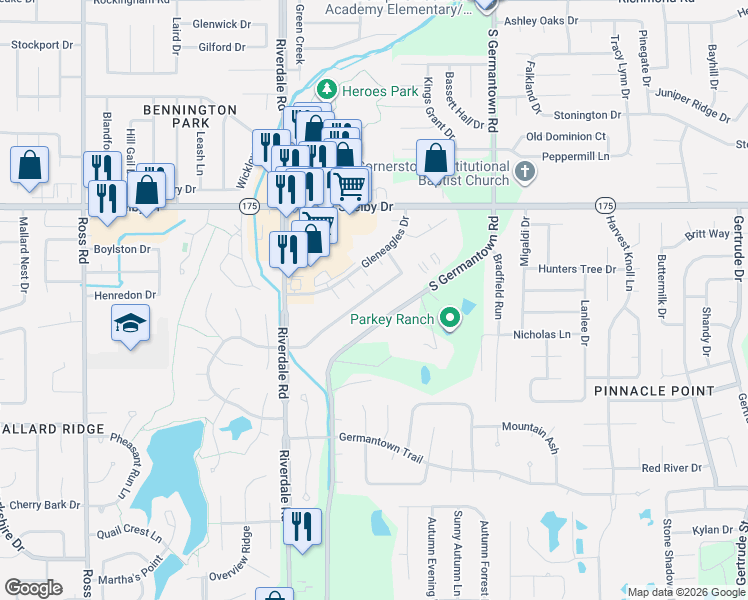 map of restaurants, bars, coffee shops, grocery stores, and more near 7070 Cutter Mill Road in Memphis