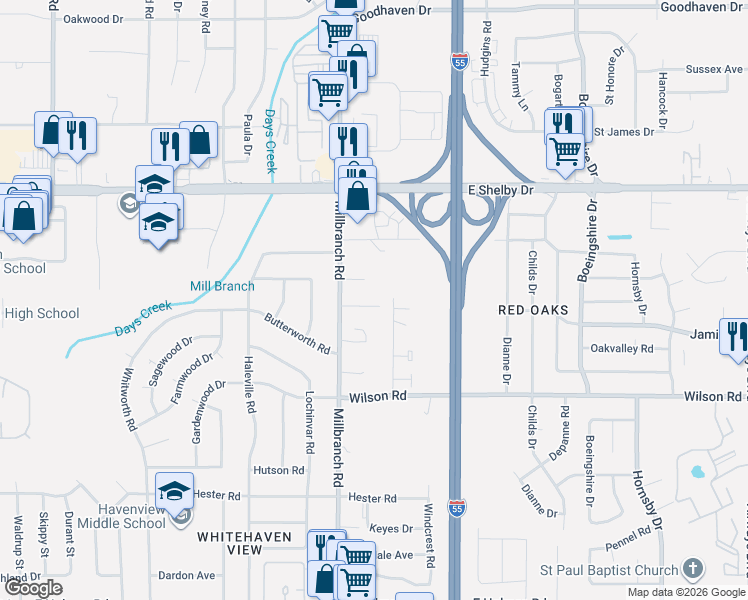 map of restaurants, bars, coffee shops, grocery stores, and more near 1723 Kirkwood Cove in Memphis