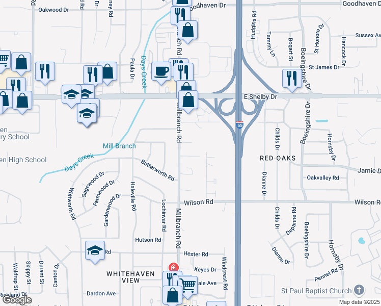 map of restaurants, bars, coffee shops, grocery stores, and more near 1723 Kirkwood Cove in Memphis