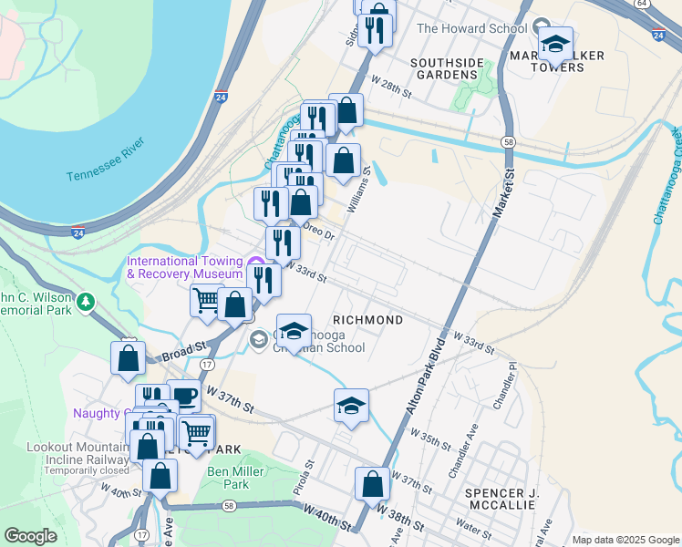 map of restaurants, bars, coffee shops, grocery stores, and more near 3220 Williams Street in Chattanooga