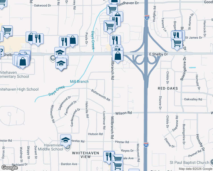map of restaurants, bars, coffee shops, grocery stores, and more near 4816 Rickard Road in Memphis