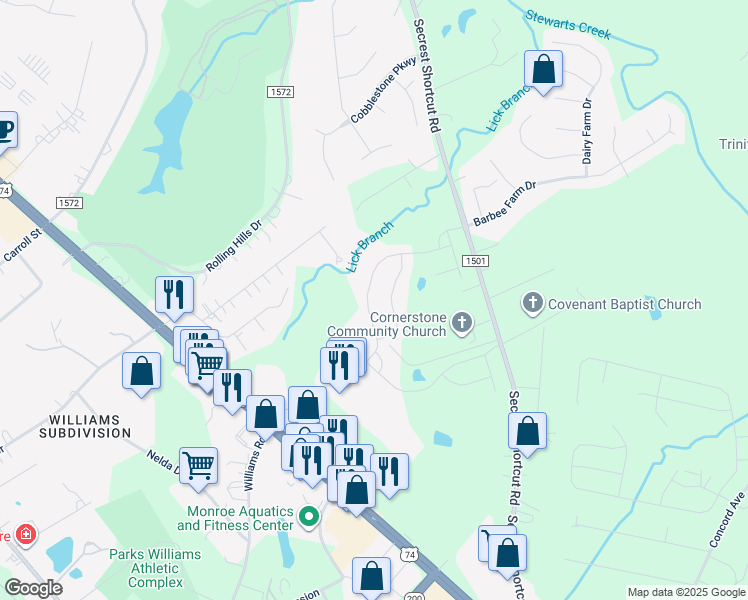 map of restaurants, bars, coffee shops, grocery stores, and more near 2500 Knights Court in Monroe