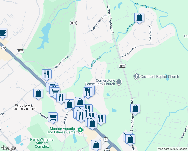 map of restaurants, bars, coffee shops, grocery stores, and more near 2500 Knights Court in Monroe