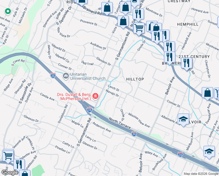 map of restaurants, bars, coffee shops, grocery stores, and more near 222 South Germantown Road in Chattanooga