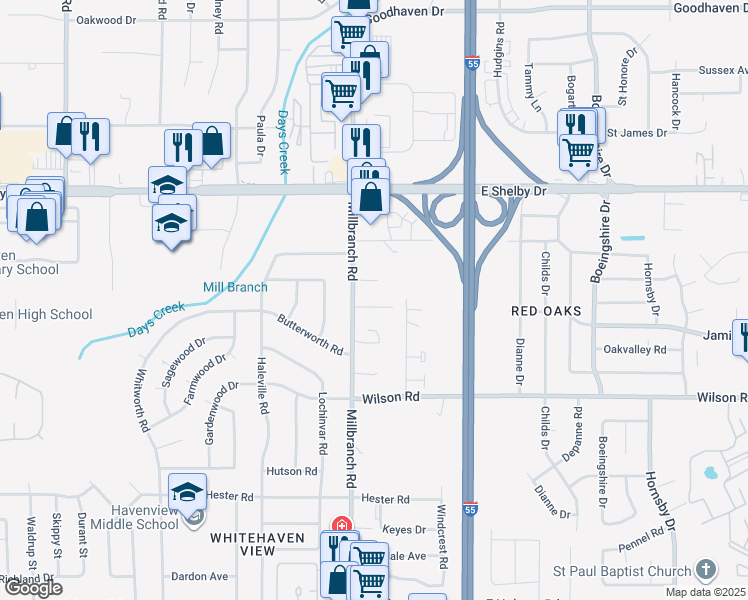 map of restaurants, bars, coffee shops, grocery stores, and more near 1723 Kirkwood Cove in Memphis