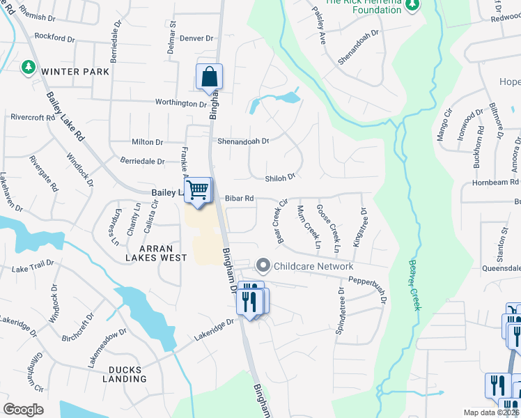 map of restaurants, bars, coffee shops, grocery stores, and more near 1760 Renwick Drive in Fayetteville