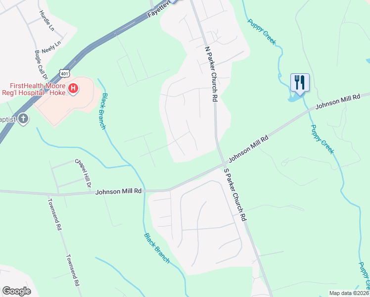 map of restaurants, bars, coffee shops, grocery stores, and more near 235 Van Buren Drive in Raeford