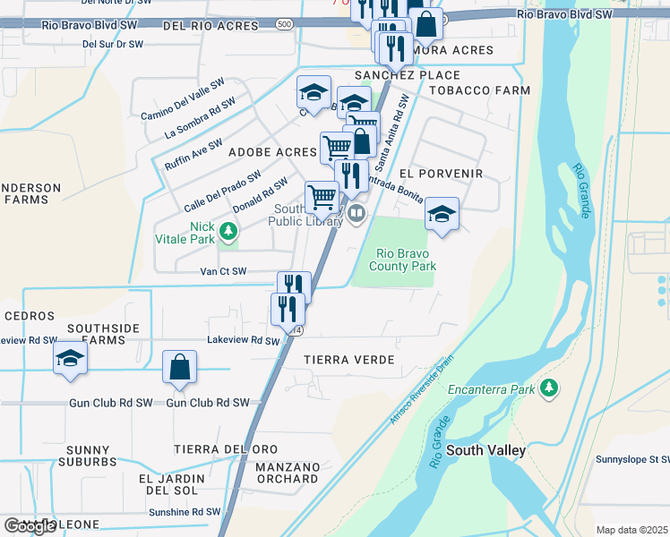 map of restaurants, bars, coffee shops, grocery stores, and more near 3912 Isleta Boulevard Southwest in Albuquerque