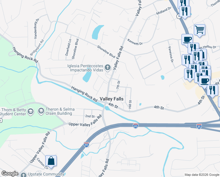 map of restaurants, bars, coffee shops, grocery stores, and more near 8334 Valley Falls Road in Boiling Springs