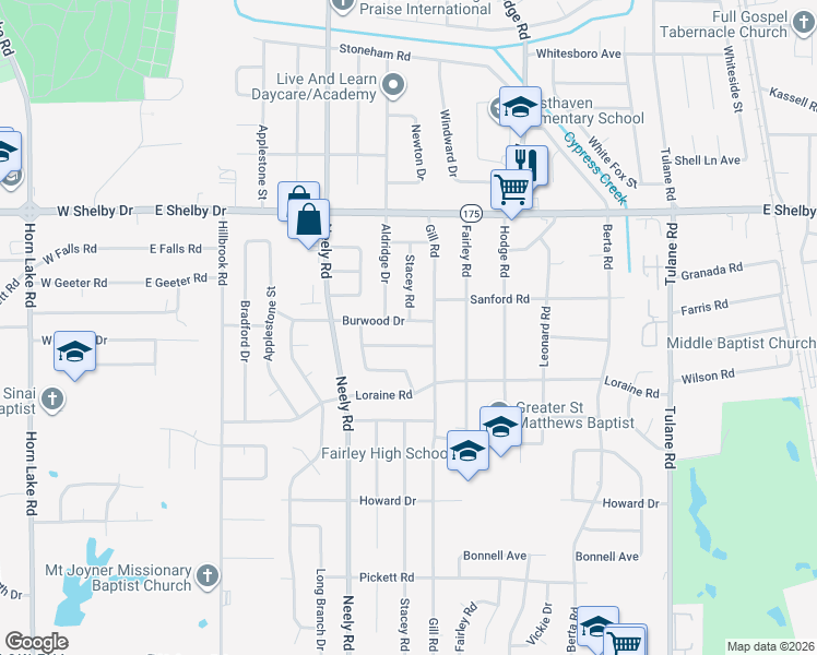 map of restaurants, bars, coffee shops, grocery stores, and more near 319 Burwood Drive in Memphis