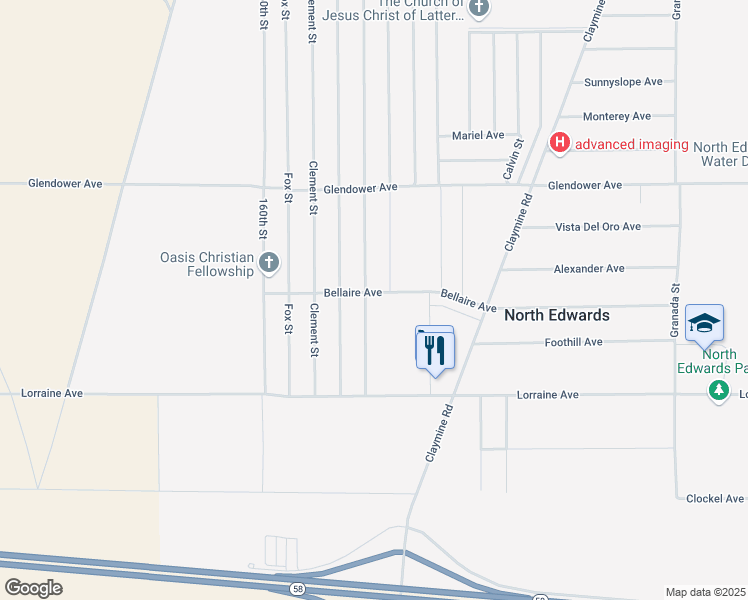 map of restaurants, bars, coffee shops, grocery stores, and more near Bellaire Avenue in North Edwards
