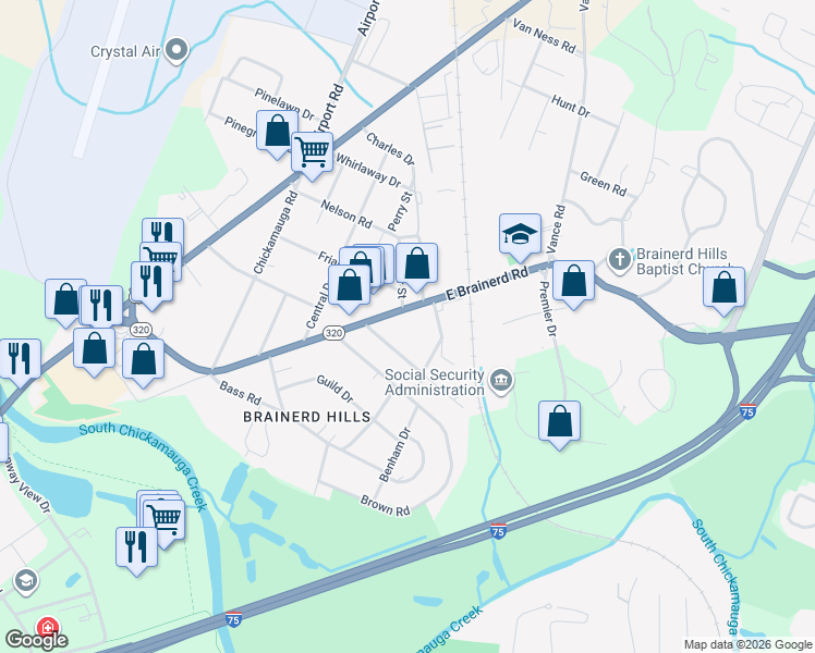 map of restaurants, bars, coffee shops, grocery stores, and more near 6488 East Brainerd Road in Chattanooga
