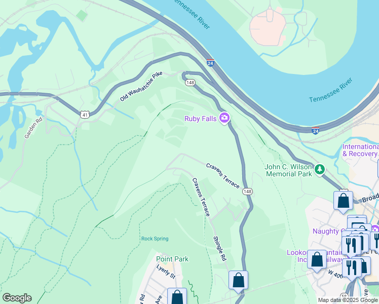 map of restaurants, bars, coffee shops, grocery stores, and more near 934 Cravens Terrace in Chattanooga