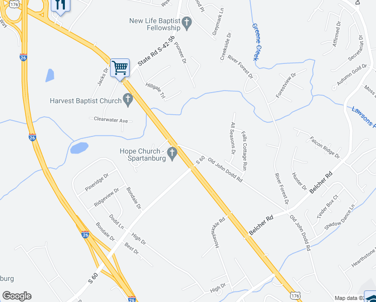 map of restaurants, bars, coffee shops, grocery stores, and more near 140 Old John Dodd Road in Boiling Springs