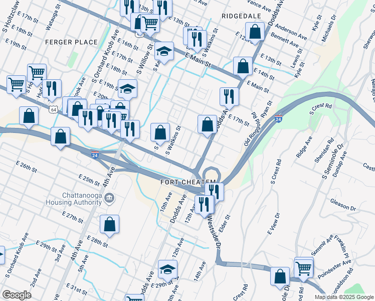 map of restaurants, bars, coffee shops, grocery stores, and more near 1920 Randolph Street in Chattanooga
