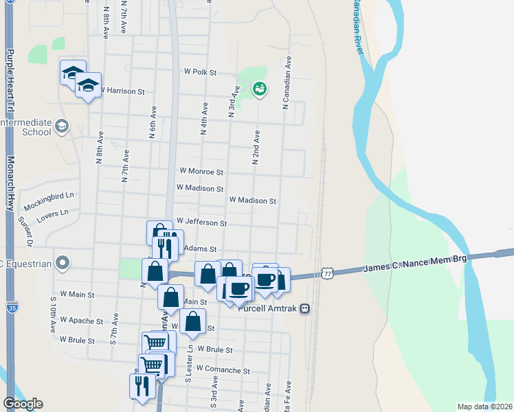 map of restaurants, bars, coffee shops, grocery stores, and more near 428 North 2nd Avenue in Purcell