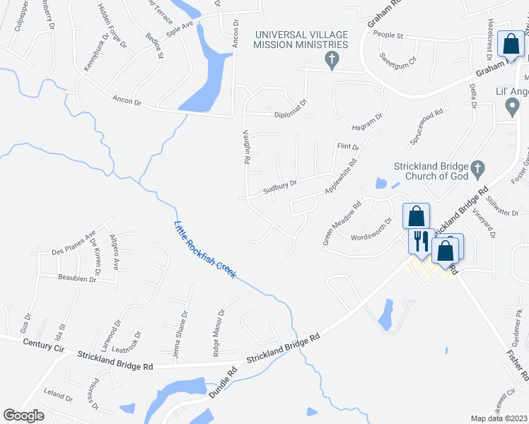 map of restaurants, bars, coffee shops, grocery stores, and more near 6731 Vaughn Road in Fayetteville